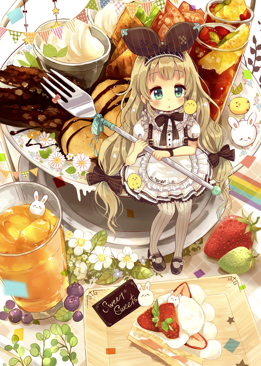 absurdres apron bad_revision bangs bird black_footwear black_ribbon blonde_hair bow branch bunny cake checkered chick chocolate cocktail cocktail_glass collar commentary_request cup downscaled_revision drinking_glass eyebrows_visible_through_hair flower food fork frilled_apron frilled_collar frills fruit grapes green_eyes hair_ribbon hairband highres holding holding_fork ice iced_tea lace lace-trimmed_skirt long_hair mary_janes md5_mismatch minigirl original pennant pigeon-toed pink_bow plate puffy_short_sleeves puffy_sleeves ribbon sakura_oriko shoes short_sleeves sitting skirt solo strawberry striped striped_ribbon suspenders sweets very_long_hair whipped_cream white_flower wristband