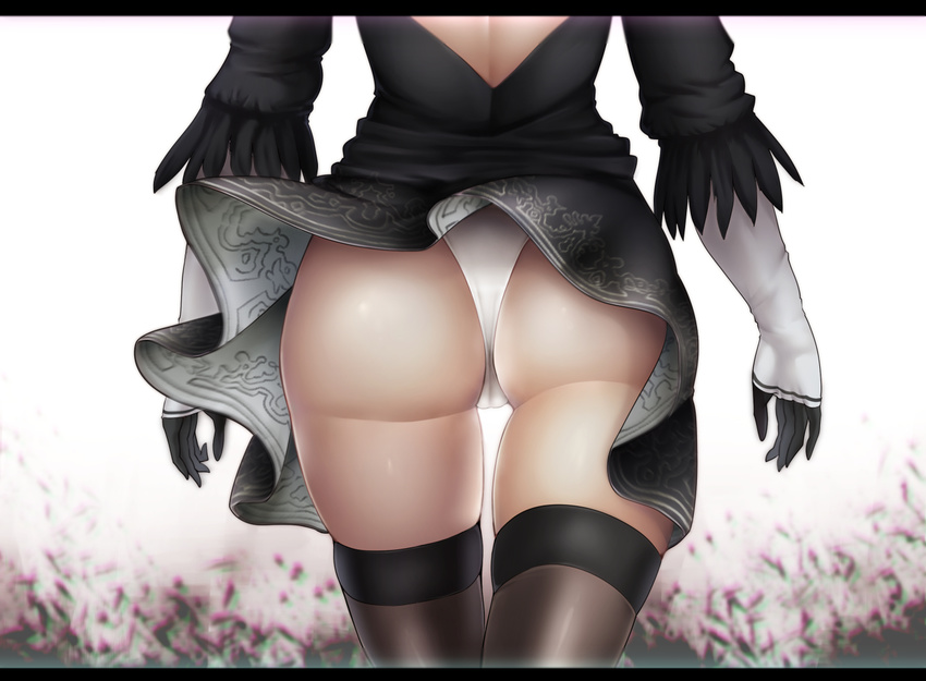 ass ass_focus backless_dress backless_outfit big.g black_dress black_gloves brown_legwear close-up dress from_behind gloves leotard lower_body multicolored multicolored_clothes multicolored_gloves nier_(series) nier_automata skindentation skirt solo thighhighs thighs white_gloves white_leotard yorha_no._2_type_b