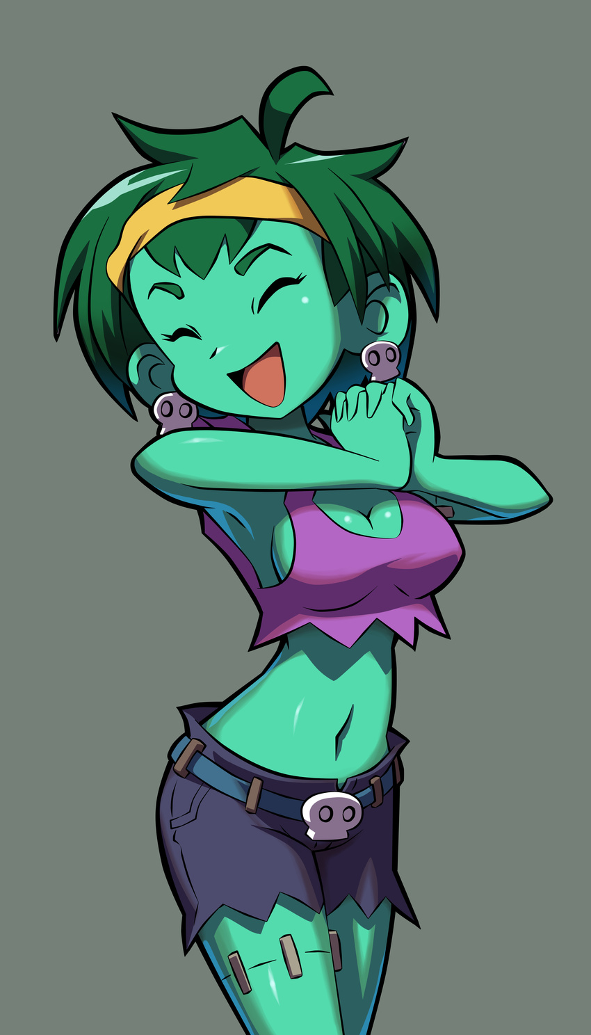 1girl ^o^ absurdres belt cleavage eyes_closed green_hair green_skin grey_background happy headband highres interlocked_fingers makoto_yabe midriff navel open_mouth rottytops shantae shantae_(series) short_hair shorts sideboob simple_background skull_earrings solo stitches stomach tank_top torn_clothes zombie