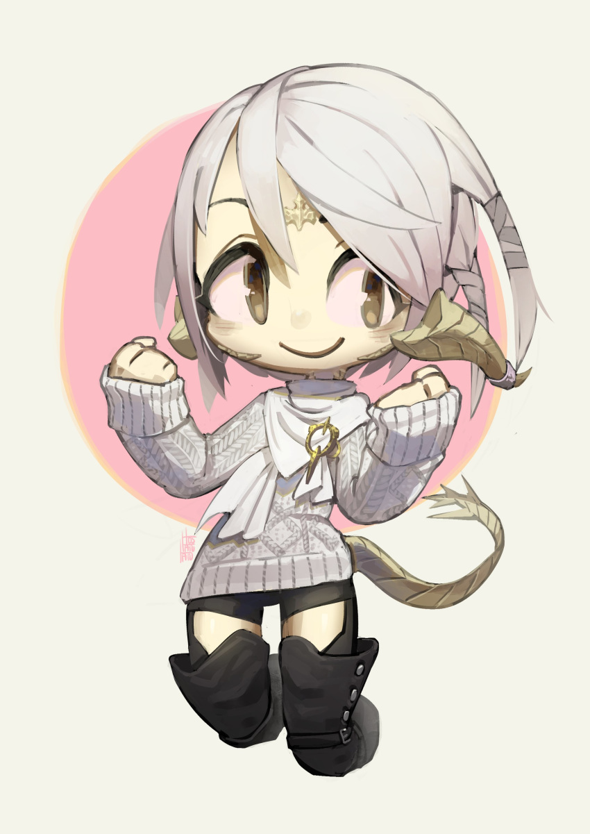 1girl absurdres au_ra bangs bike_shorts black_footwear boots chibi closed_mouth commentary english_commentary final_fantasy final_fantasy_xiv grey_sweater hands_up highres horn_ornament horns long_sleeves looking_at_viewer ribbed_sweater scales signature smile solo sweater tail thigh_boots thighhighs tostantan yellow_eyes