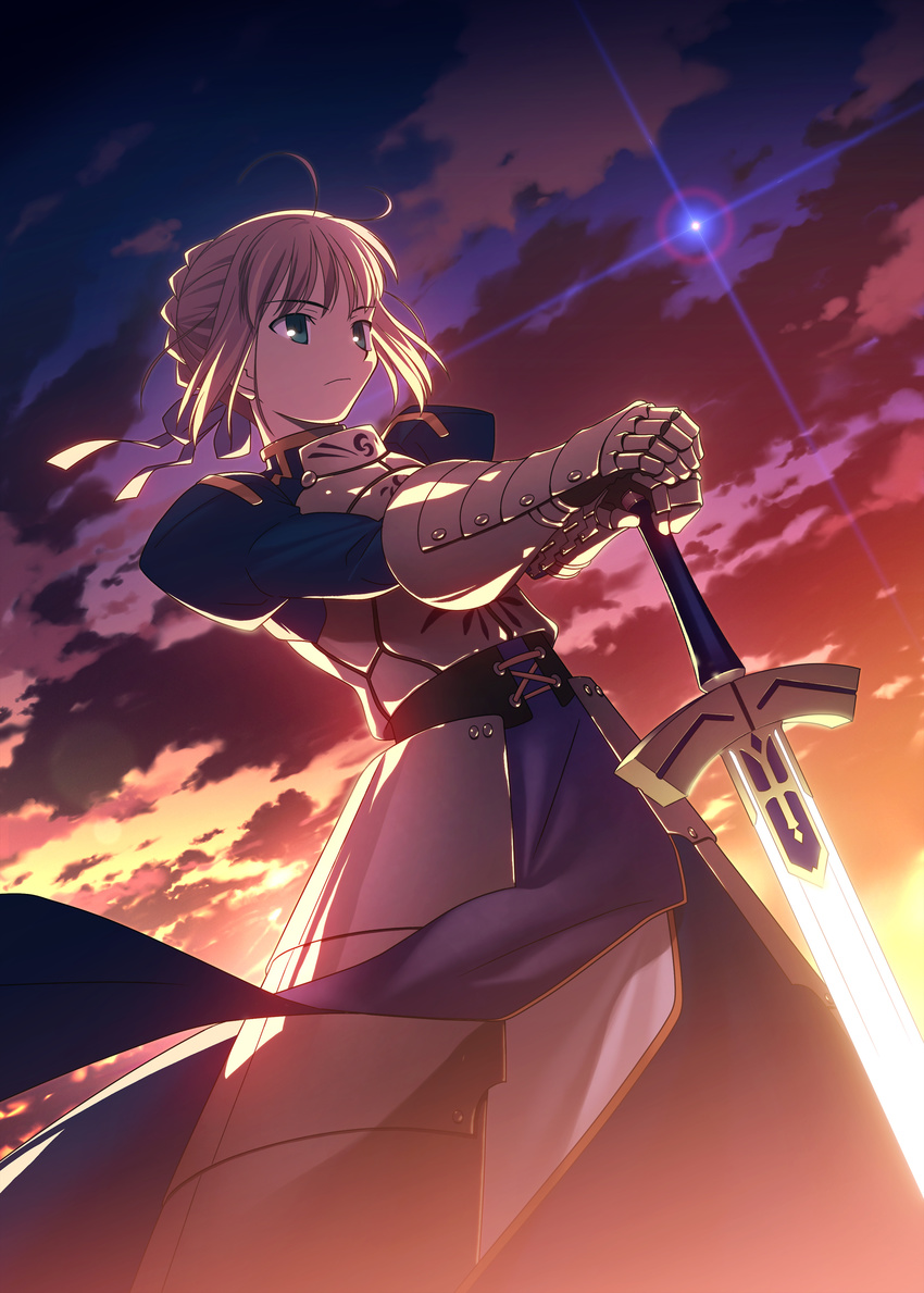 absurdres ahoge armor armored_dress artoria_pendragon_(all) blonde_hair excalibur fate/stay_night fate_(series) green_eyes hand_on_hilt highres official_art ribbon saber solo sunset sword takeuchi_takashi weapon