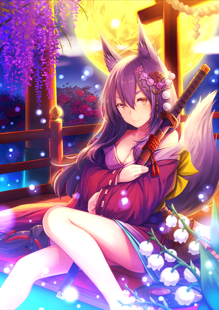 alcohol animal_ears bangs blurry breasts brown_eyes cleavage closed_mouth commentary_request cup depth_of_field fox_ears fox_girl gogatsu_no_renkyuu hair_between_eyes highres holding holding_sword holding_weapon japanese_clothes katana kimono kimono_pull light_particles long_hair long_sleeves medium_breasts original outdoors partial_commentary porch purple_hair rope sakazuki sake sheath sheathed shide shimenawa sitting smile solo sword torii weapon wide_sleeves