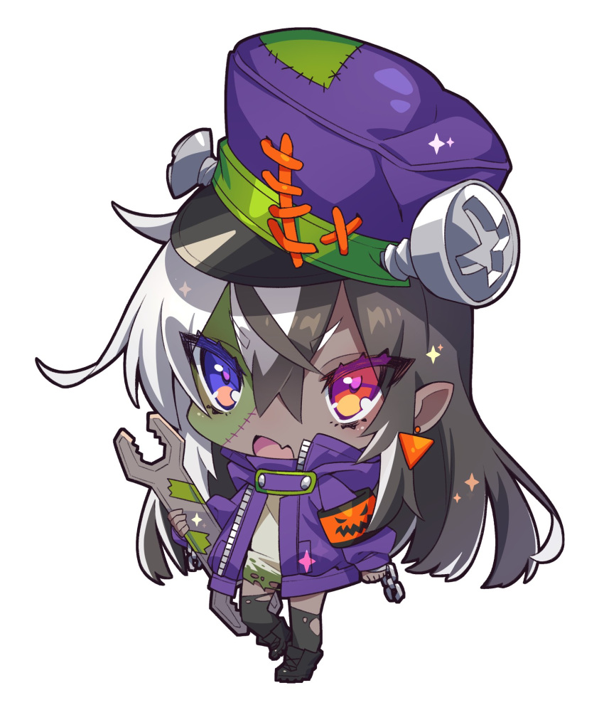 1girl :d armband bangs black_footwear black_hair black_legwear boots chibi crossed_bangs dark_skin eyebrows_visible_through_hair fang full_body hair_between_eyes hat heterochromia highres holding jacket long_sleeves looking_at_viewer multicolored_hair nail open_mouth original pointy_ears purple_eyes purple_hat purple_jacket red_eyes simple_background smile solo standing standing_on_one_leg stitches thighhighs torn_clothes torn_legwear two-tone_hair westxost_(68monkey) white_background white_hair wrench