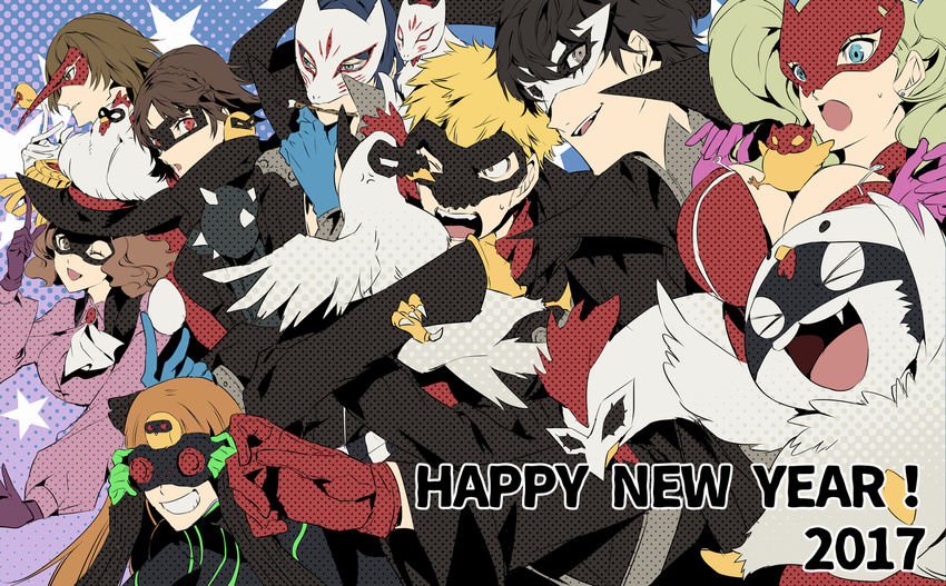 akechi_gorou amamiya_ren ayyataka bad_id bad_pixiv_id black_gloves black_hair blue_eyes breasts brown_eyes brown_hair cat fox_mask glasses gloves hair_ornament jacket kitagawa_yuusuke large_breasts long_hair mask morgana_(persona_5) multiple_boys multiple_girls necktie niijima_makoto okumura_haru persona persona_5 red_eyes sakamoto_ryuuji sakura_futaba short_hair smile takamaki_anne twintails