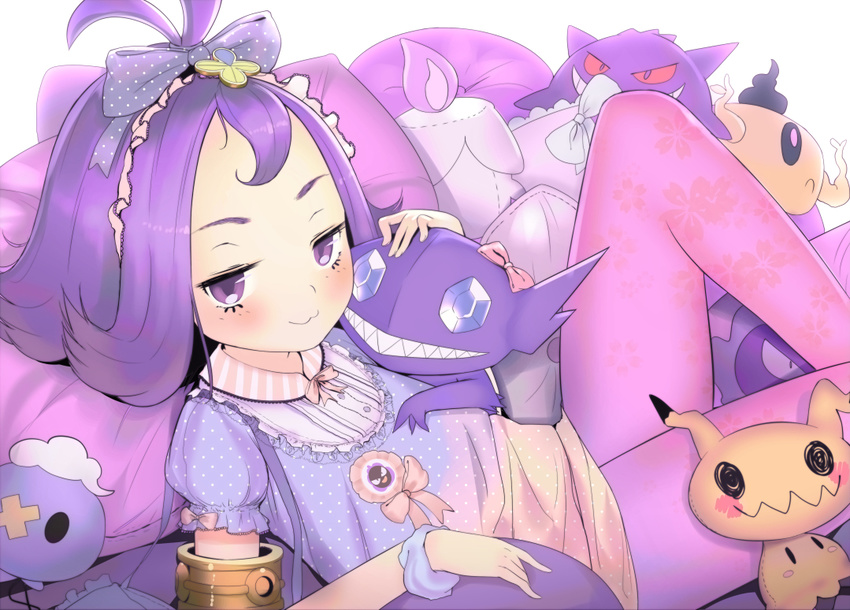 :3 acerola_(pokemon) alternate_costume armlet badge bed blush bow buttons closed_mouth collared_shirt diamond diamond_(shape) drifloon elite_four eyelashes flipped_hair floral_print frilled_shirt frilled_sleeves frills gastly gen_1_pokemon gen_3_pokemon gen_4_pokemon gen_5_pokemon gen_6_pokemon gen_7_pokemon gengar grin hair_ornament hair_ribbon half-closed_eyes hand_on_another's_chest head_on_shoulder headdress hideousbeing legs litwick looking_at_viewer lying lying_on_lap mimikyu neck_ribbon on_back pantyhose phantump pillow pink_legwear pink_ribbon pokemon pokemon_(creature) pokemon_(game) pokemon_sm polka_dot polka_dot_bow polka_dot_shirt purple_eyes purple_hair ribbon sableye sharp_teeth shirt short_hair short_sleeves simple_background smile striped stuffed_toy teeth trial_captain wavy_mouth white_background wristband