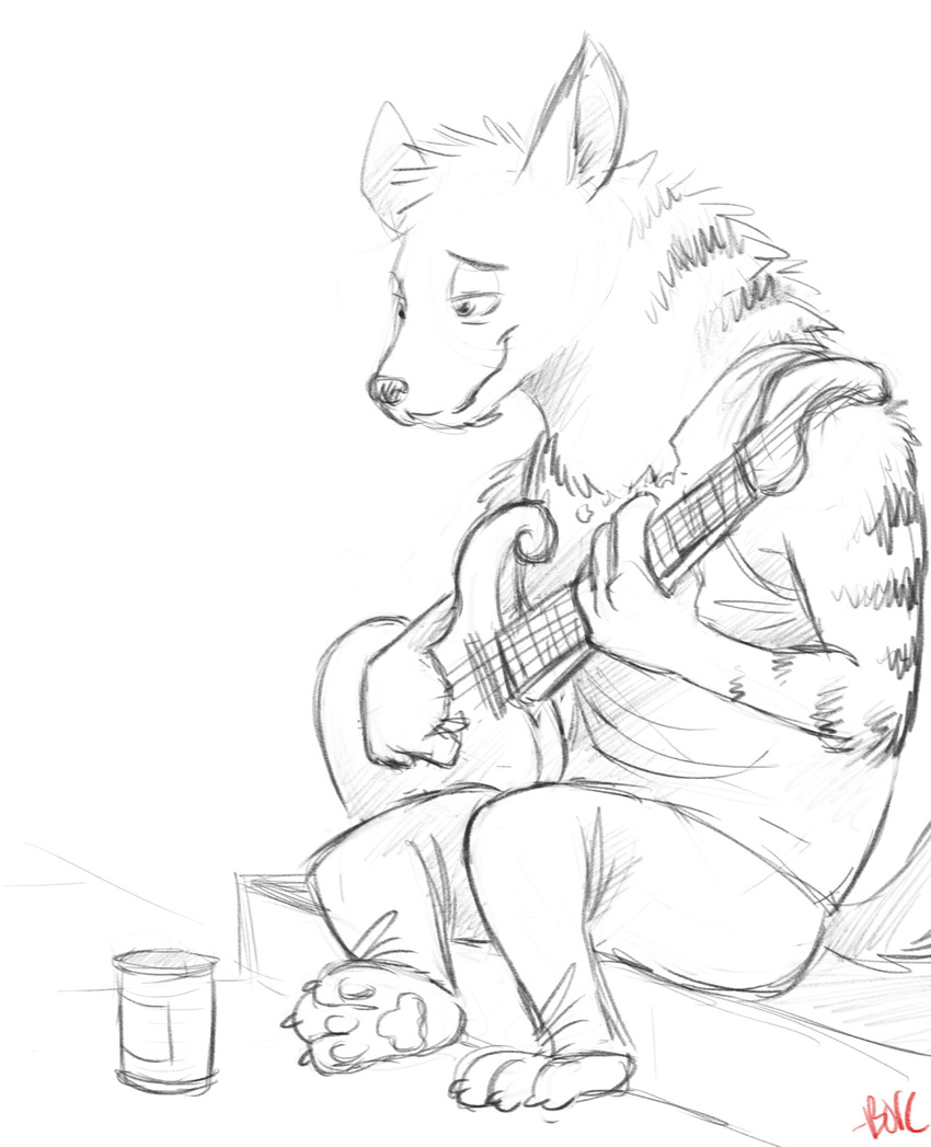 anthro bore_(artist) can digital_media_(artwork) disney fan_character fur guitar hyena male mammal music musical_instrument ozzy_(weaver) pack_street playing_instrument simple_background sitting smile solo striped_hyena zootopia