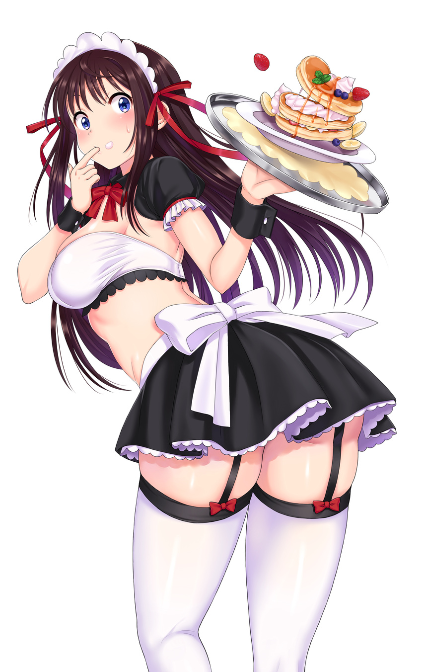 absurdres ass banana banana_slice bandeau blue_eyes blueberry bow bra breasts brown_hair commentary_request cream cream_on_face finger_in_mouth food food_on_face frilled_sleeves frills from_behind fruit garter_straps hair_ribbon highres holding holding_tray large_breasts long_hair maid maid_headdress midriff miniskirt mint natsu_(nattiyann) original pancake plate puffy_short_sleeves puffy_sleeves red_bow red_ribbon ribbon short_sleeves simple_background skindentation skirt solo spilling strawberry sweatdrop syrup tasting thighhighs thighs tray underwear whipped_cream white_background white_bra white_legwear wrist_cuffs