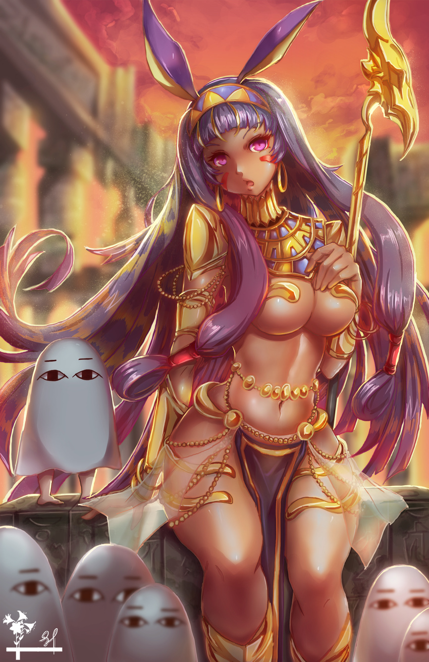 :o absurdres animal_ears bangs blonde_hair blunt_bangs breasts commentary_request dark_skin earrings egyptian egyptian_clothes facial_mark fate/grand_order fate_(series) gold hair_tubes hairband highres hoop_earrings jackal_ears jewelry loincloth long_hair medium_breasts medjed midriff multicolored_hair navel nitocris_(fate/grand_order) pink_eyes purple_hair shiny shiny_skin sidelocks sitting stomach two-tone_hair v-shaped_eyebrows very_long_hair yuureiko