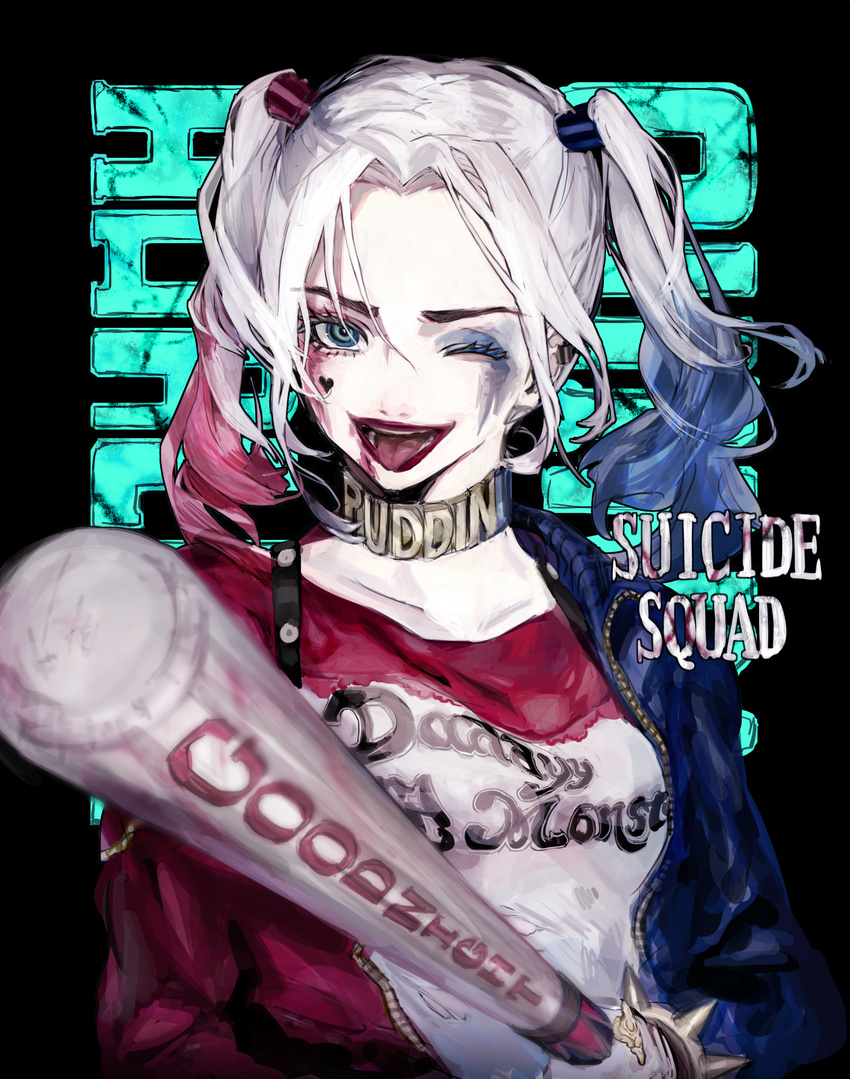 ;d absurdres baseball_bat black_background blue_eyes blue_hair character_name choker clothes_writing collarbone copyright_name dc_comics eyebrows eyelashes eyeshadow facial_mark hair_intakes harley_quinn heart highres holding jacket lipstick long_hair long_sleeves looking_at_viewer makeup multicolored_hair one_eye_closed open_clothes open_jacket open_mouth ozyako red_hair red_lipstick smile solo spikes suicide_squad teeth tongue tongue_out twintails unzipped upper_body zipper