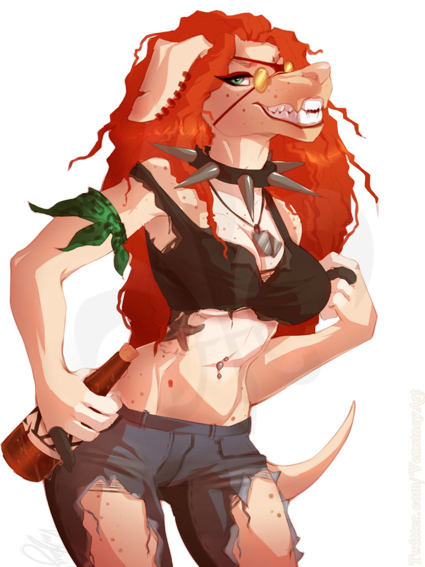 anthro bottle canine clothed clothing collar female looking_at_viewer mammal navel navel_piercing piercing smile solo spiked_collar spikes vexstacy watermark