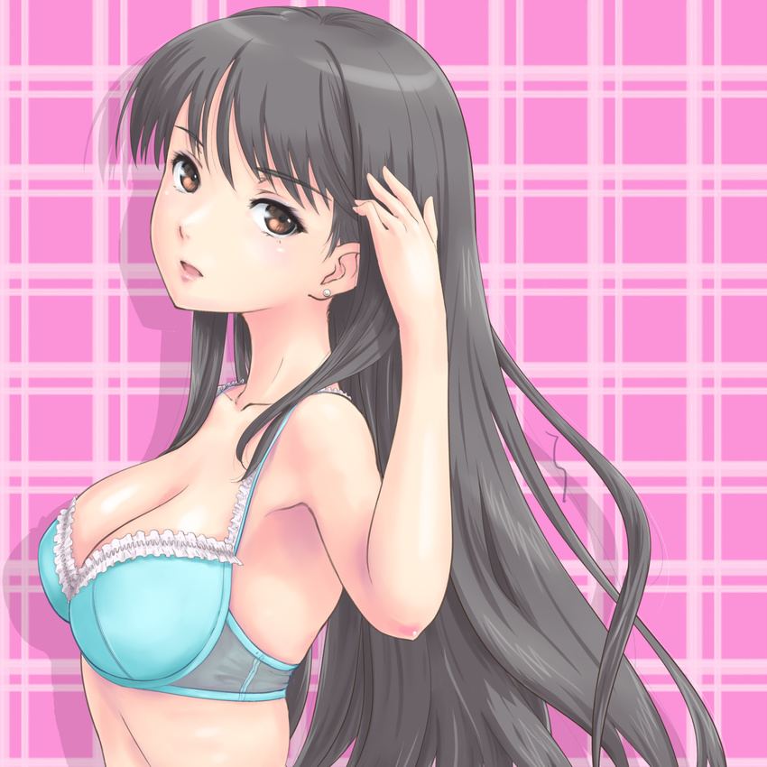 black_hair blue_background breasts brown_eyes cleavage collarbone earrings hand_in_hair highres jewelry long_hair looking_at_viewer medium_breasts original rasukaru solo upper_body