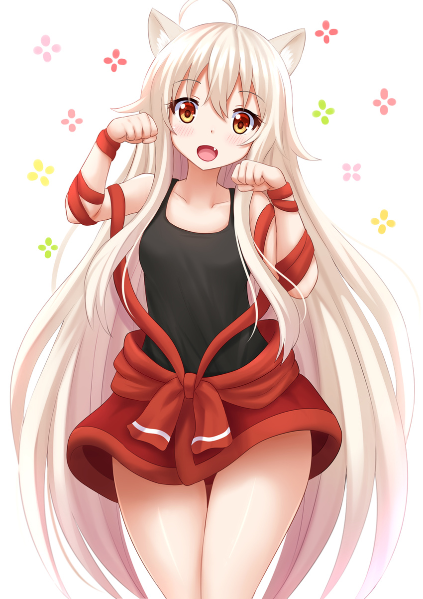 :d ahoge animal_ears black_shirt blush cat_ears chiya_(urara_meirochou) clenched_hands collarbone cowboy_shot eyebrows_visible_through_hair fang hair_between_eyes head_tilt highres kazenokaze long_hair looking_at_viewer open_mouth orange_eyes paw_pose red_skirt shirt skirt sleeveless smile solo tank_top thigh_gap urara_meirochou very_long_hair white_background white_hair