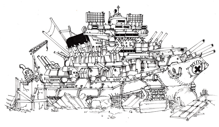 absurdres battleship big_shiee cannon crane greyscale highres landship metal_slug military military_vehicle monochrome no_humans parody ruins ship warship watercraft yamato_(battleship)