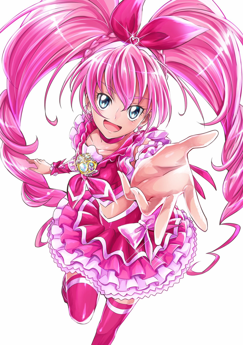 :d blush braid choker cure_melody earrings eyelashes frilled_shirt frilled_skirt frills hair_ornament hair_ribbon hairband happy heart heart_earrings highres houjou_hibiki jewelry long_hair looking_at_viewer magical_girl midriff open_mouth pink pink_choker pink_hair pink_ribbon pink_shirt pink_skirt precure ribbon sharumon shirt simple_background single_braid skirt smile solo suite_precure thighhighs thighs twintails very_long_hair white_background wrist_cuffs zettai_ryouiki