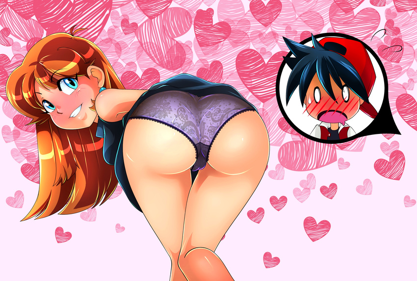 1girl :d ass ass_focus bare_legs bare_shoulders baseball_cap bent_over black_dress black_hair black_panties blue_(pokemon) blue_eyes blush breasts brown_hair coat commentary_request dress drooling earrings eyebrows_visible_through_hair from_behind hat heart heart_background highres jewelry legs long_hair looking_back naughty_face open_clothes open_coat open_mouth panties pokemon pokemon_special presenting red_(pokemon) red_hat shirt skirt skirt_lift sleeveless sleeveless_dress smile sweatdrop teeth thighs thought_bubble underwear