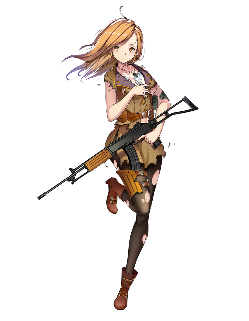 artist_request assault_rifle bare_arms belt black_legwear blush boots breasts brown_footwear buttons cartridge closed_mouth collarbone dog_tags eyebrows full_body galil_(girls_frontline) girls_frontline gun hands_on_own_chest head_tilt highres holding holding_gun holding_weapon holster imi_galil large_breasts leg_up long_hair looking_at_viewer military military_uniform official_art orange_eyes orange_hair pantyhose rifle shirt solo tears thigh_holster torn_clothes torn_legwear transparent_background trigger_discipline uniform weapon white_shirt