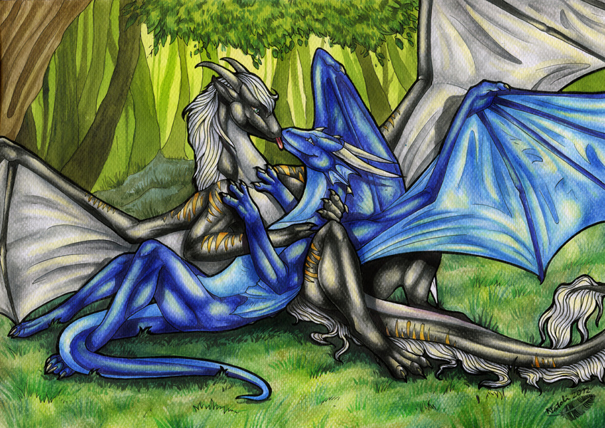 claws day detailed_background dragon duo feral grass hair horn licking lying membranous_wings natoli nude outside smile tongue tongue_out traditional_media_(artwork) tree white_hair wings