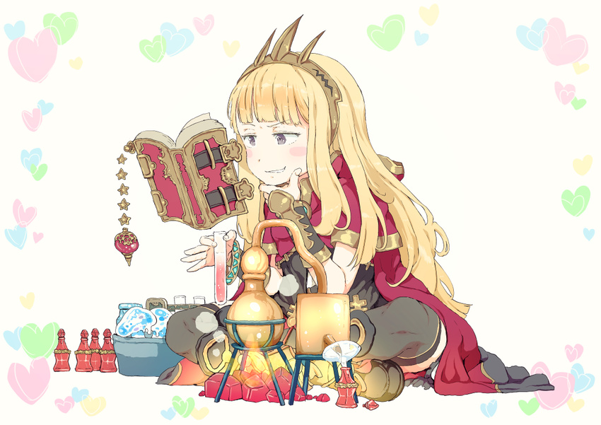 alchemy bangs blonde_hair blunt_bangs blush_stickers book book_strap boots bracelet brown_eyes cagliostro_(granblue_fantasy) cape coal commentary_request crown fire floating floating_book floating_object funnel gomennasai granblue_fantasy grin hand_on_own_chin heart indian_style jewelry levitation long_hair mushroom potion reading red_cape short_sleeves sitting slimy smile solo star telekinesis test_tube test_tube_rack thighhighs vial white_background wrist_guards