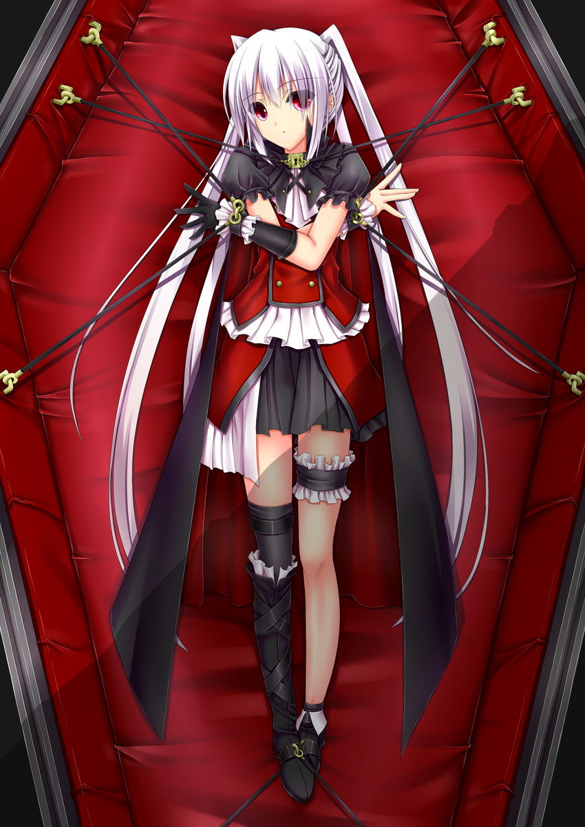 absurdres ange_vierge asymmetrical_gloves asymmetrical_legwear black_gloves black_legwear bound coffin collar cuffed cuffs full_body garters gloves highres long_hair mismatched_footwear original red_eyes shouyan silver_hair solo thighhighs tied_up twintails very_long_hair