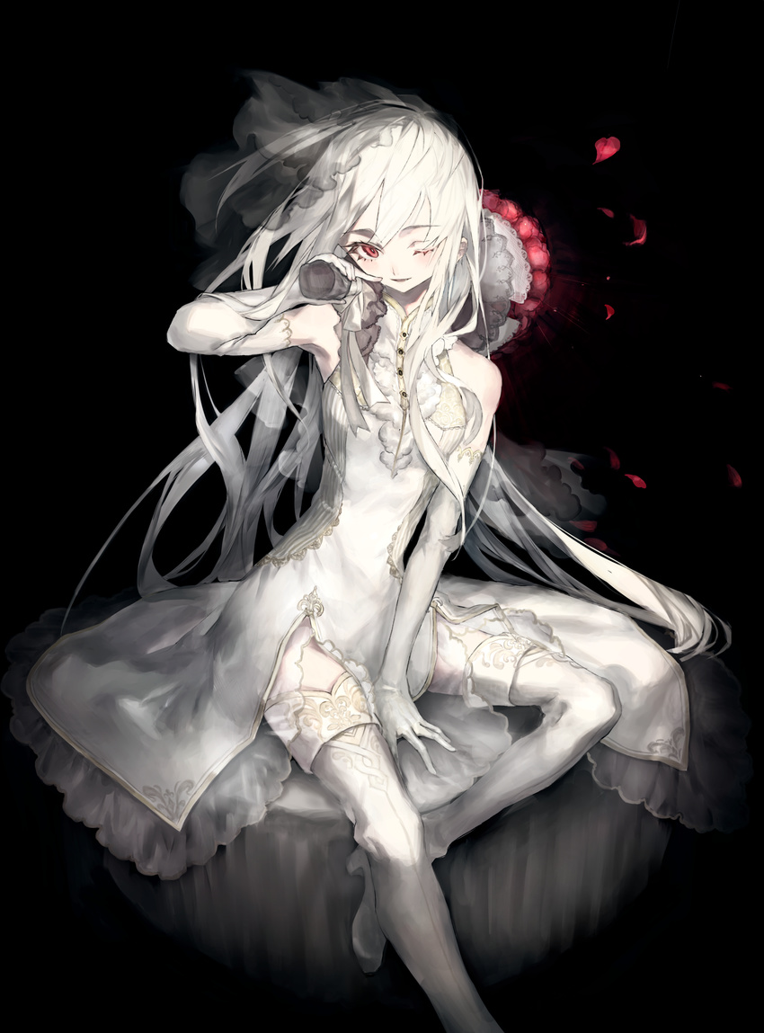 absurdres black_background boots dress elbow_gloves gloves highres long_hair one_eye_closed original ozyako red_eyes smile solo thigh_boots thighhighs white_dress white_footwear white_gloves white_hair white_legwear