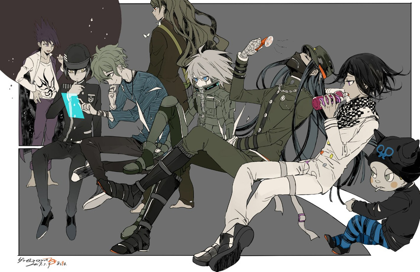 ahoge amami_rantarou android bad_id bad_twitter_id bandages beard black_hair blue_eyes blush_stickers boots checkered checkered_scarf copyright_name covered_mouth danganronpa drinking electric_fan facial_hair gakuran glasses gokuhara_gonta green_eyes green_hair hat horned_headwear hoshi_ryouma jacket jacket_on_shoulders jewelry keebo kiseru male_focus mask momota_kaito multiple_boys necklace new_danganronpa_v3 ouma_kokichi pants pipe power_armor purple_hair saihara_shuuichi scarf school_uniform shinguuji_korekiyo shirt silver_hair sitting smile soda_bottle spiked_hair straitjacket striped striped_pants striped_shirt suou