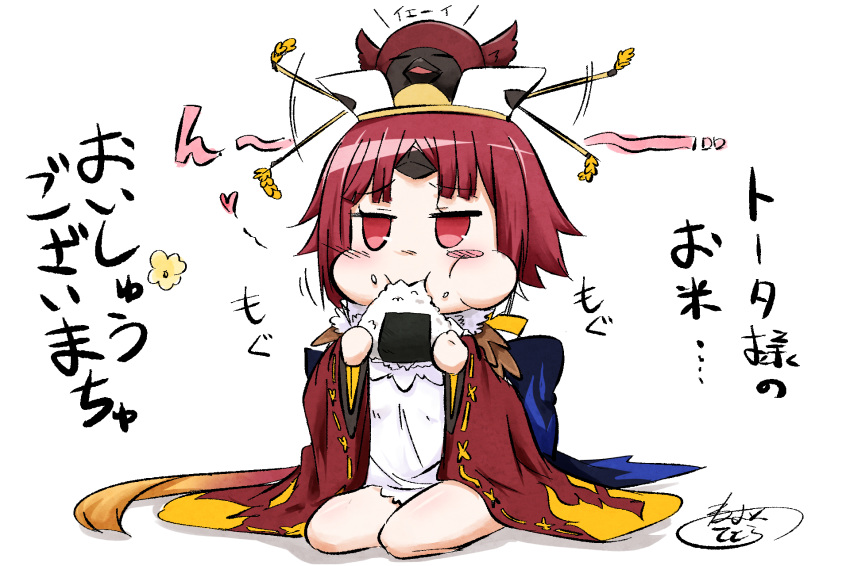 1girl apron benienma_(fate/grand_order) brown_hat chibi closed_mouth commentary_request eating expressive_clothes facing_viewer fate/grand_order fate_(series) food food_on_face full_body hat highres holding holding_food long_sleeves neon-tetora onigiri puffy_cheeks red_eyes red_hair ribbon-trimmed_sleeves ribbon_trim rice rice_on_face seiza shadow signature sitting solo translation_request white_apron white_background wide_sleeves