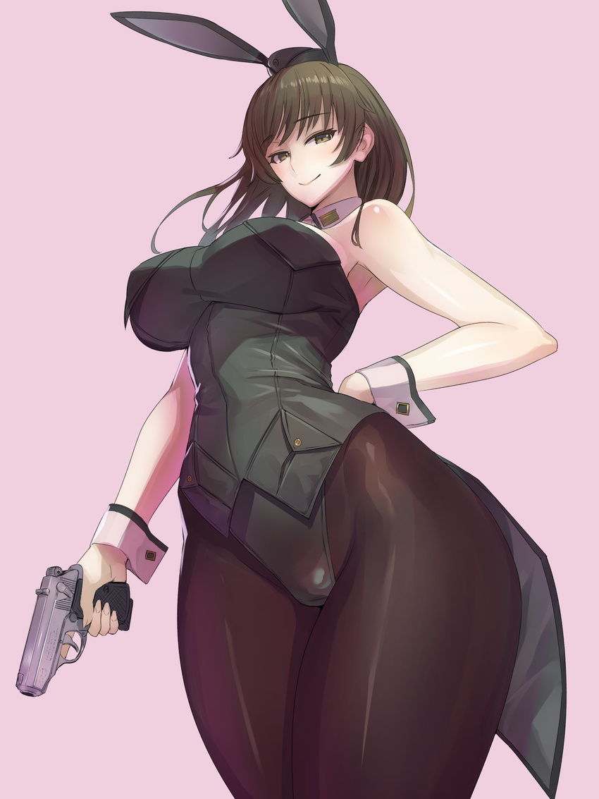 animal_ears breasts brown_eyes brown_hair bunny_ears bunnysuit coattails commentary damegane gun handgun highres johanna_wiese large_breasts long_hair looking_at_viewer pantyhose pistol smile solo walther walther_ppk weapon world_witches_series