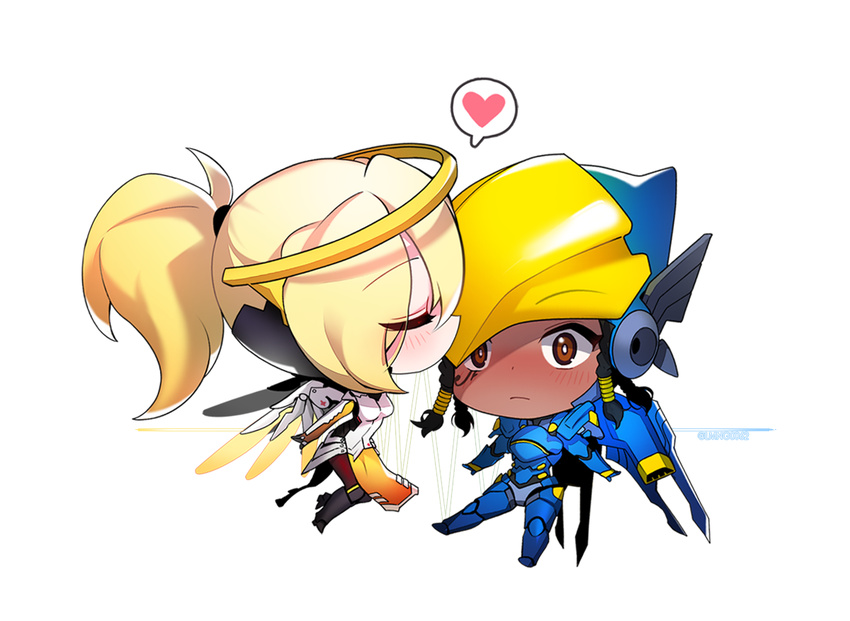 black_hair blonde_hair brown_eyes chibi closed_eyes dark_skin eye_of_horus facial_tattoo halo heart helmet kiss mercy_(overwatch) minigirl multiple_girls ng_(kimjae737) overwatch pantyhose pharah_(overwatch) simple_background spoken_heart tattoo white_background yuri