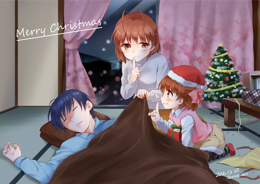 2016 2girls antenna_hair blue_hair box brown_eyes brown_hair casual child christmas christmas_tree clannad closed_eyes confetti covering_with_blanket curtains dated family finger_to_mouth from_side furukawa_nagisa gift gift_box half_updo hat merry_christmas misaki_juri multiple_girls okazaki_tomoya okazaki_ushio pantyhose pillow profile santa_hat short_hair signature sleeping snow streamers sweater_vest table tatami twitter_username