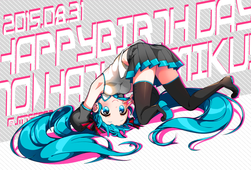 1girl all_fours blue_eyes blue_hair boots dated detached_sleeves happy_birthday hatsune_miku long_hair looking_at_viewer necktie ng_(kimjae737) pleated_skirt skirt solo thigh_boots thighhighs twintails upside-down v very_long_hair vocaloid zettai_ryouiki