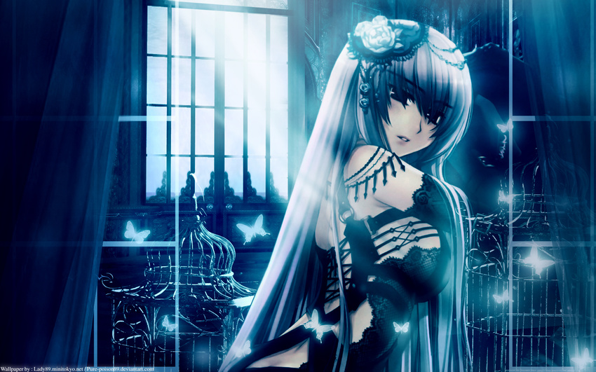 1girl aquarian_age bangs bare_shoulders blue blue_eyes butterfly cage curtains eyebrows_visible_through_hair female hair_ornament indoors kawaku lace looking_at_viewer shiny_hair silver_hair solo straight_hair upper_body window