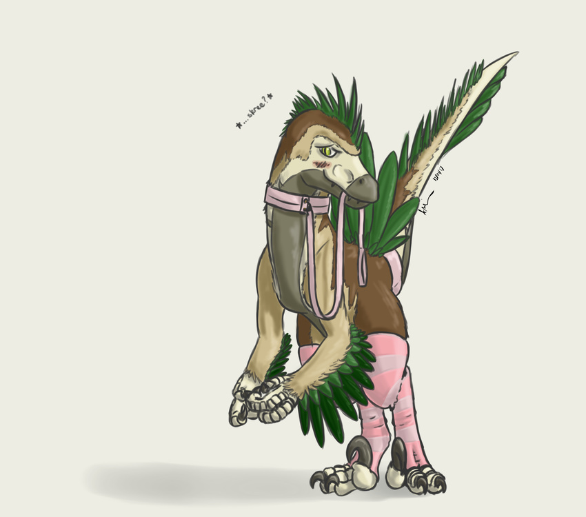 2017 biped blush brown_feathers claws clothing collar digital_media_(artwork) dinosaur feathers feral green_feathers grey_scales lacertius leash legwear male mouth_hold raptor scales shy socks solo stockings striped_legwear striped_socks striped_stockings stripes tailband theandymac theropod thigh_highs utahraptor yellow_eyes