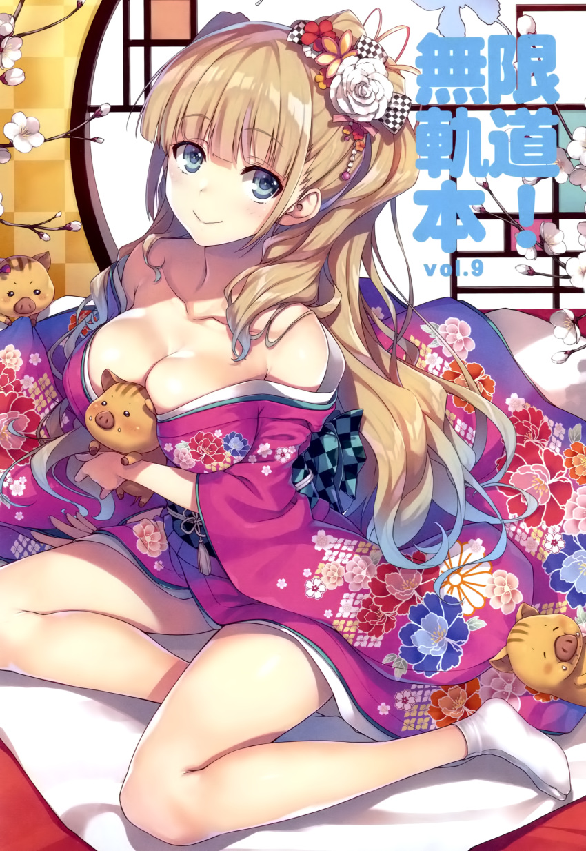 1girl absurdres animal arm_support bangs bare_shoulders blonde_hair blue_eyes blush breast_press breasts cleavage closed_mouth collarbone eyebrows_visible_through_hair floral_print flower full_body hair_ornament highres holding japanese_clothes kimono large_breasts long_hair looking_at_viewer original sash scan shiny shiny_clothes shiny_hair simple_background sitting smile tabi tomose_shunsaku tree_branch warthog white_legwear wide_sleeves
