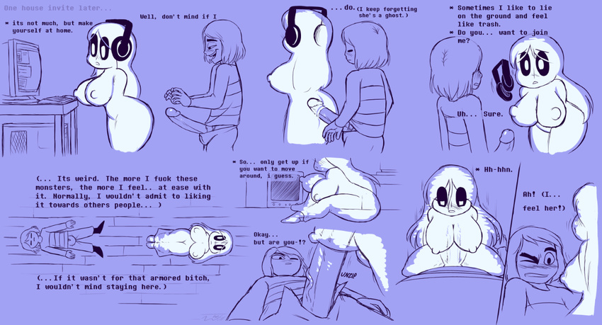 blush breasts bulge computer crossgender digital_media_(artwork) female ghost headphones human male mammal napstablook penis phasing sex spirit text thewill transparency under(her)tail undertale video_games