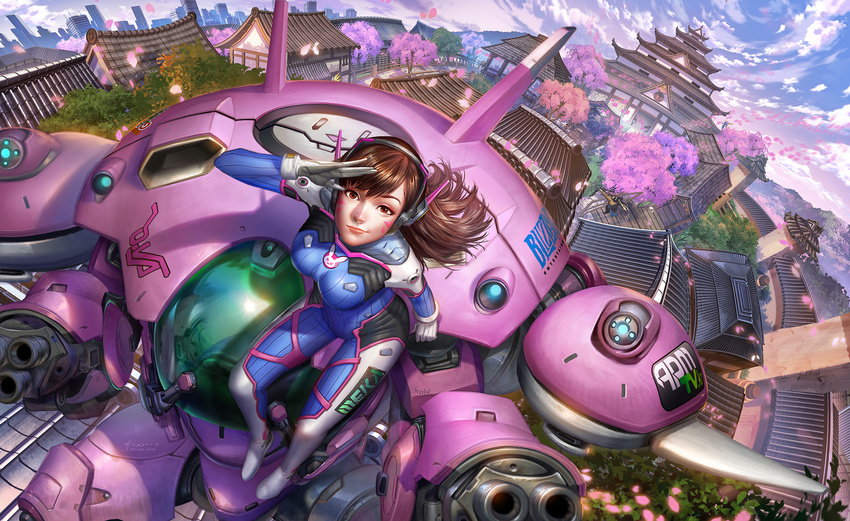 2016 2girls animal_print architecture arm_cannon artist_name asymmetrical_clothes bangs bastion_(overwatch) blizzard_(company) bodysuit boots bow_(weapon) bracer breasts brown_eyes brown_hair building bunny_print character_name cherry_blossoms closed_mouth cloud cloudy_sky d.va_(overwatch) dated day dutch_angle east_asian_architecture emblem eyelashes facepaint facial_mark fisheye from_above full_body gatling_gun genji_(overwatch) gloves gun hair_ribbon hand_up hanzo_(overwatch) headphones highres holding holding_weapon japanese_clothes lips logo long_hair long_sleeves looking_at_viewer mccree_(overwatch) mecha medium_breasts meka_(overwatch) mercy_(overwatch) midair mountain multiple_girls nutthapon_petchthai outdoors overwatch pauldrons petals pharah_(overwatch) pilot_suit pink_lips ponytail ribbed_bodysuit ribbon roadhog_(overwatch) rooftop salute sash scenery shoulder_pads signature skin_tight sky smile soldier:_76_(overwatch) solo_focus thigh_boots thigh_strap thighhighs tracer_(overwatch) tree turtleneck weapon whisker_markings white_footwear white_gloves widowmaker_(overwatch) yellow_ribbon zenyatta_(overwatch)