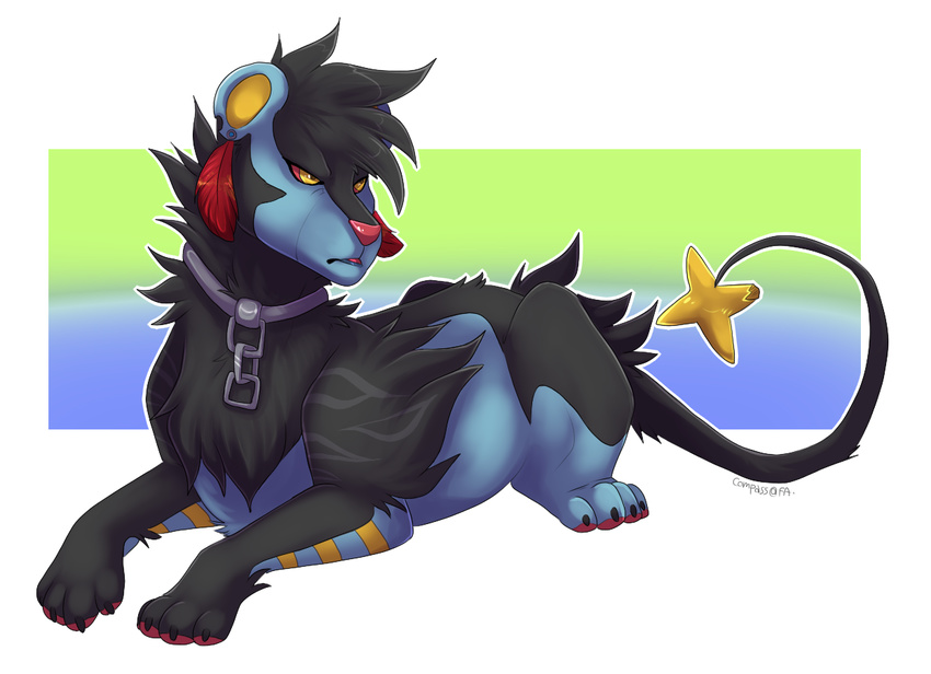 ambiguous_gender collar compass_(artist) ear_piercing feral fur luxray lying nintendo on_front piercing pok&eacute;mon solo video_games