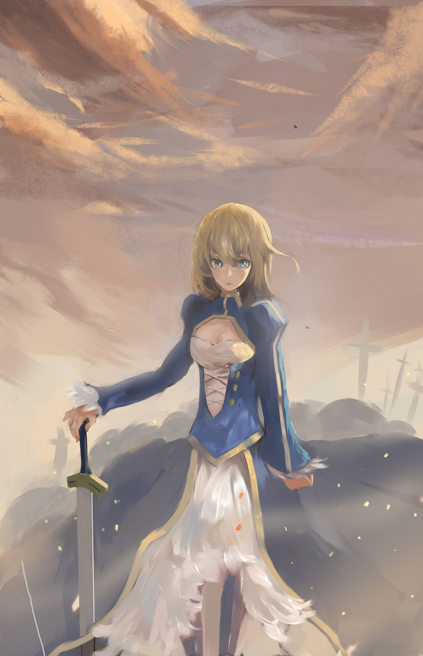 absurdres armor artoria_pendragon_(all) blonde_hair blue_eyes breasts excalibur fate/stay_night fate_(series) field_of_blades hand_on_hilt highres igugugugu juliet_sleeves long_sleeves planted_sword planted_weapon puffy_sleeves saber small_breasts solo sword weapon