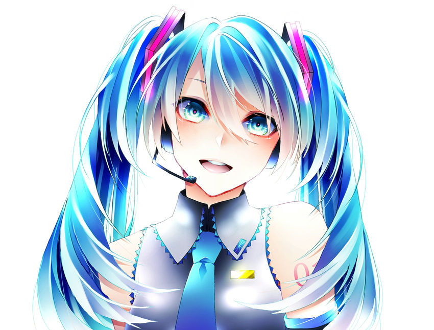 1girl aqua_eyes aqua_hair aqua_neckwear bare_shoulders detached_sleeves eyebrows hair_between_eyes hair_ornament hair_over_shoulder hatsune_miku head_tilt headset highres logo long_hair looking_at_viewer necktie nose open_mouth smile solo tattoo teeth twintails upper_body vocaloid white_background