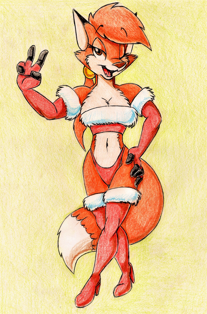 anthro breasts canine christmas cleavage clothed clothing female footwear fox full-length_portrait fur fureverick hair hand_on_hip high_heels holidays legwear looking_at_viewer mammal one_eye_closed orange_fur orange_hair ponytail portrait shoes skimpy solo standing tammy_vixen tan_fur thigh_highs v_sign