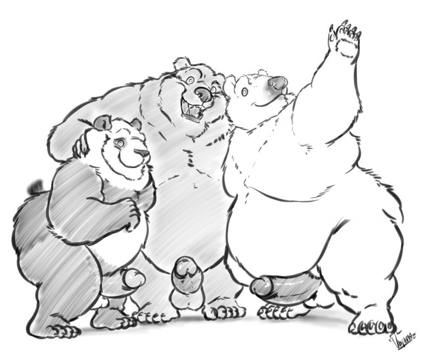2016 5_fingers 5_toes anthro balls barefoot bear belly big_belly biped cartoon_network claws digital_media_(artwork) erection fangs front_view glans greyscale grizzly_(character) group hug humanoid_penis ice_bear looking_at_viewer male mammal monochrome nude open_mouth overweight overweight_male panda panda_(character) penis plantigrade polar_bear raised_arm signature simple_background smile standing thick_thighs toe_claws toes uniparasite we_bare_bears white_background