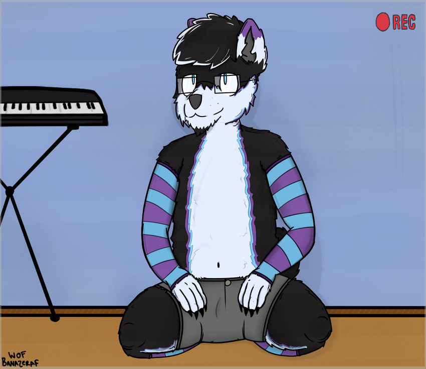 bedroom_eyes black_fur black_hair blue_fur bulge camera clothing eyewear fluffy fur glasses gloves hair half-closed_eyes legwear musical_instrument nerd piano purple_fur seductive shy simple_background socks spread_legs spreading white_fur white_har wof_banazeraf