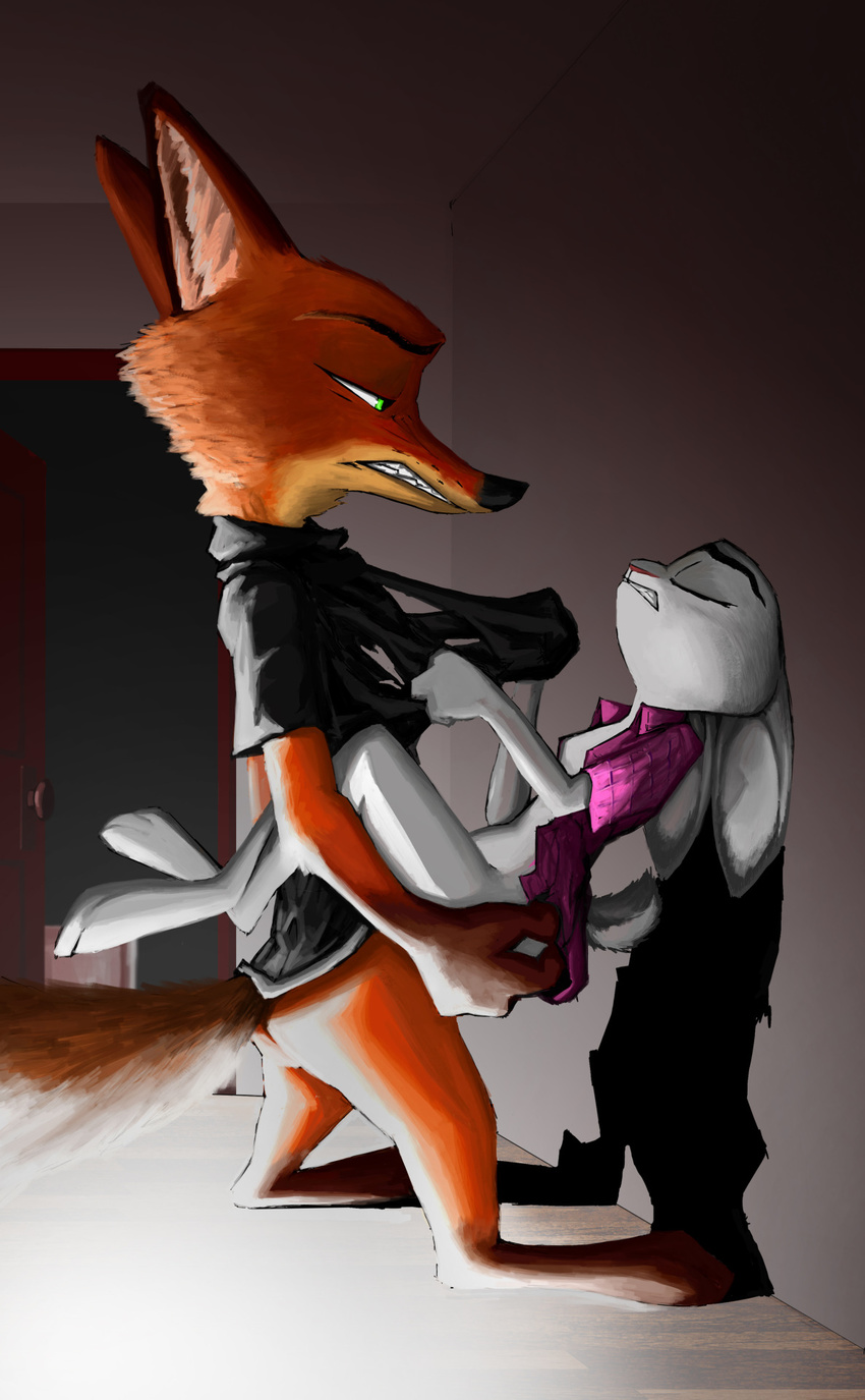 2017 against_wall anthro bottomless butt butt_grab canine carrying clothed clothing disney eyes_closed female flat_chested fox green_eyes half-closed_eyes hand_on_butt inside judy_hopps lagomorph male mammal nick_wilde open_shirt rabbit sex stand_and_carry_position standing thewyvernsweaver torn_clothing zootopia
