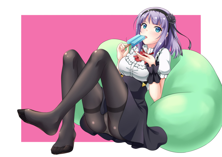 7nanappe blue_eyes blush breasts commentary_request dagashi_kashi flower food hair_flower hair_ornament hairband high-waist_skirt large_breasts nail_polish open_mouth panties panties_under_pantyhose pantyhose popsicle purple_hair shidare_hotaru short_hair skirt solo suspender_skirt suspenders thighband_pantyhose underwear
