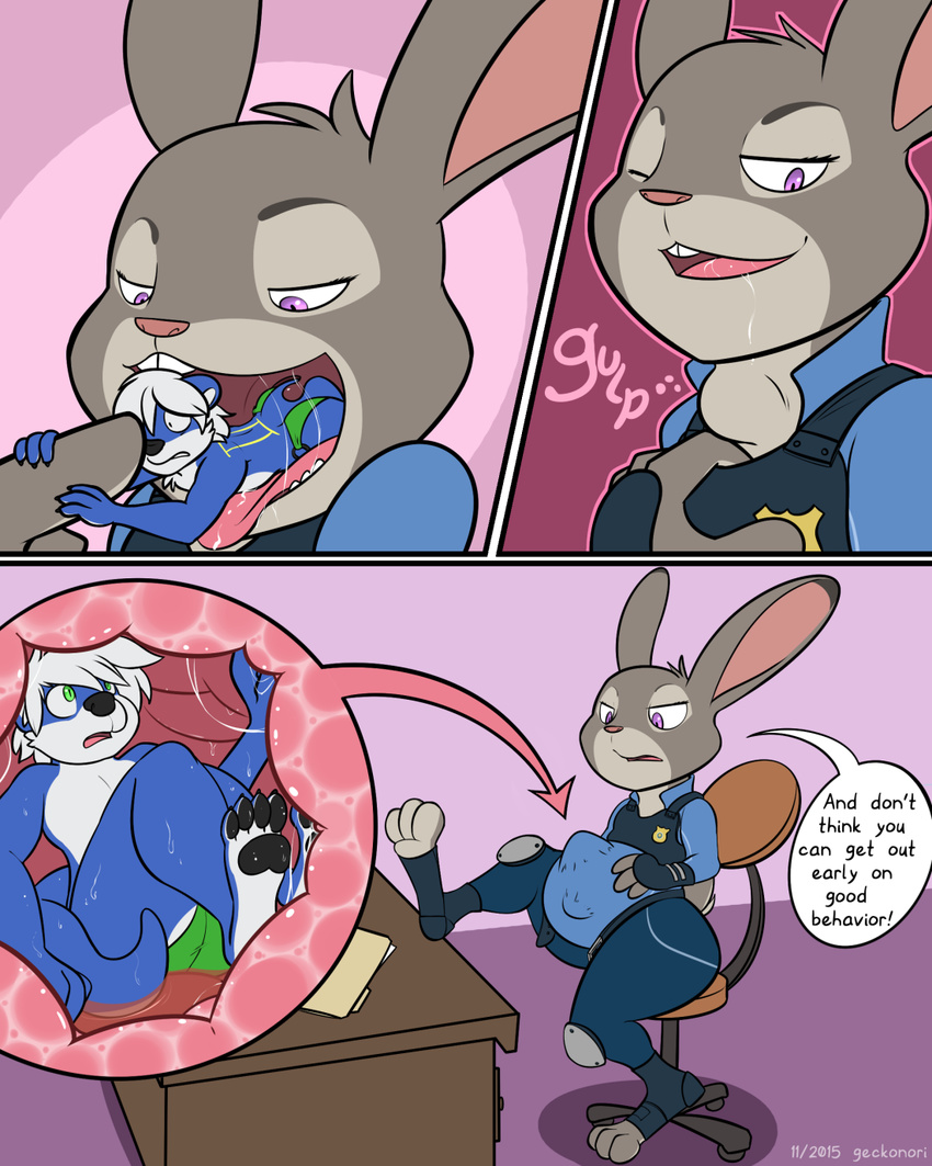 ! 2015 abdominal_bulge anthro badge clothing disney english_text eyes_closed fan_character female geckonori half-closed_eyes invalid_tag judy_hopps lagomorph looking_down mammal open_mouth oral_vore paper police rabbit saliva satisfied swallowing teeth text throat vore zootopia