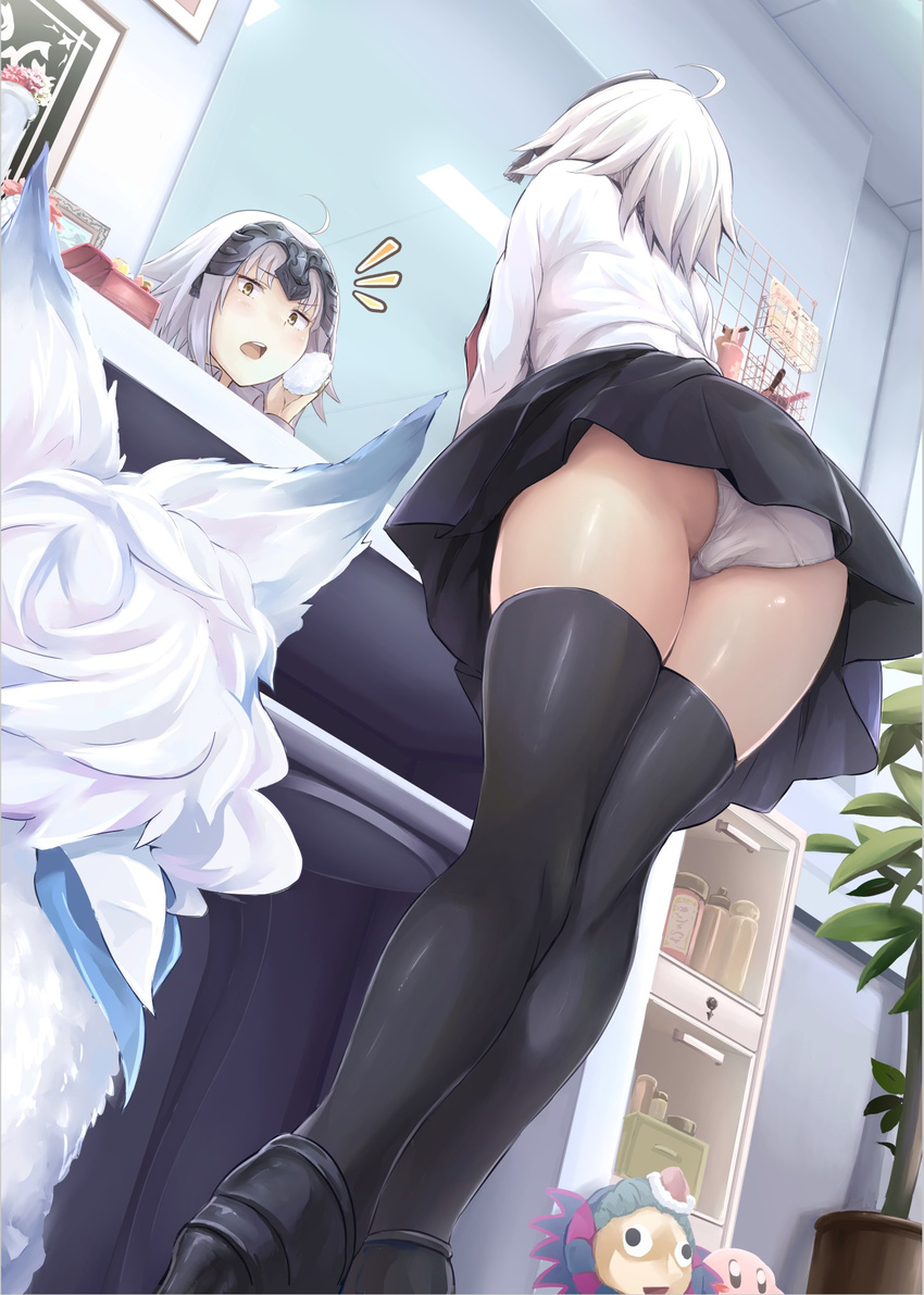 ahoge akita_hika applying_makeup ass caster_(fate/zero) commentary_request fate/grand_order fate_(series) fou_(fate/grand_order) from_below headpiece highres indoors jeanne_d'arc_(alter)_(fate) jeanne_d'arc_(fate)_(all) kirby kirby_(series) leaning_forward makeup miniskirt mirror panties plant potted_plant skirt thighhighs underwear upskirt white_hair white_panties yellow_eyes