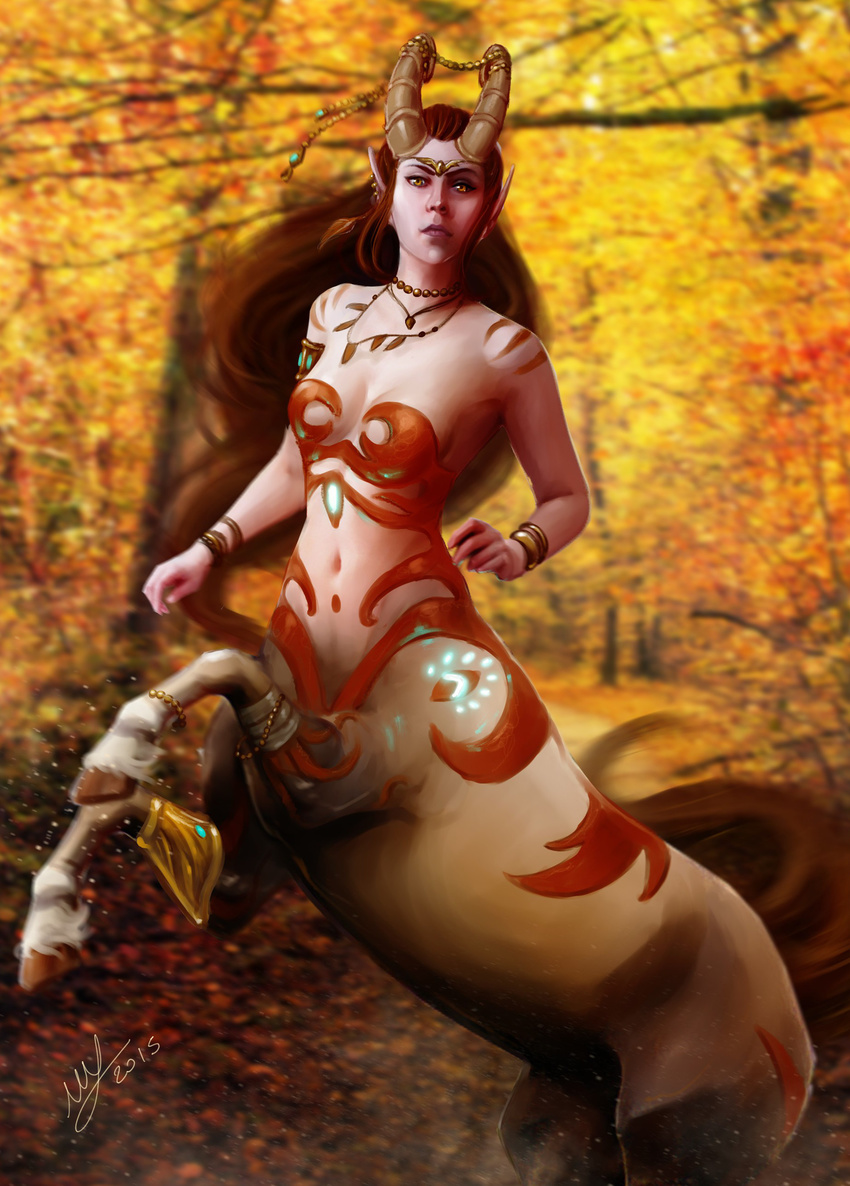 breasts centaur equine equine_taur female forest fur hooves horn looking_at_viewer mammal on_hind_legs solo taur thescarletartist tree