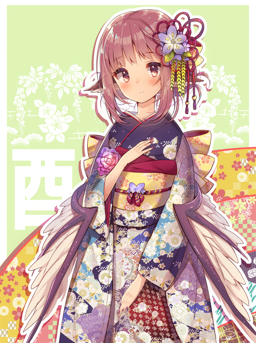 alternate_costume animal_ears bird_wings blush breasts fingernails floral_print flower furisode hair_flower hair_ornament hand_on_own_chest highres japanese_clothes kimono light_smile long_fingernails long_sleeves looking_at_viewer mystia_lorelei obi pink_eyes pink_hair sash short_hair small_breasts smile solo touhou usamata wide_sleeves wings