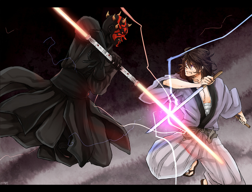 2boys battle black_hair crossover darth_maul highres horns ishikawa_goemon_xiii japanese_clothes lightsaber lupin_iii matano_maya multiple_boys star_wars sword weapon