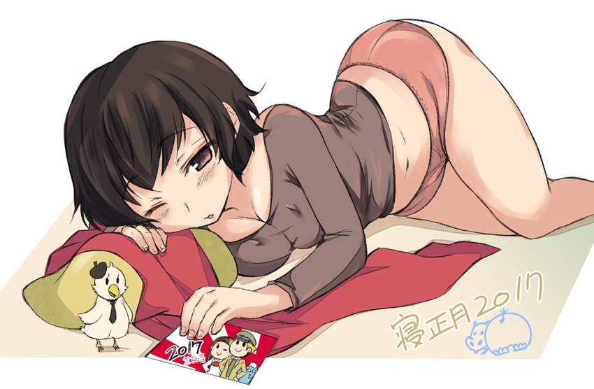 2017 abenattou bangs bird black_shirt breasts brown_eyes brown_hair caesar_(girls_und_panzer) casual cleavage duck emblem erwin_(girls_und_panzer) girls_und_panzer hippopotamus long_sleeves lying medium_breasts on_side one_eye_closed parted_lips photo_(object) pillow pink_shorts postcard red_scarf saemonza scarf scarf_removed shirt short_hair short_shorts shorts sleepy solo translated white_background