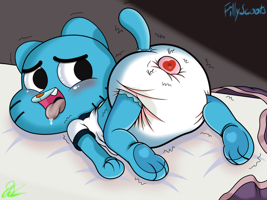 &lt;3 anal anthro bed black_eyes blue_fur blush cartoon_network cat cub diaper drooling feet feline fillyscoots42 fur gumball_watterson jayson_(artist) male mammal open_mouth paws saliva sex_toy solo teeth the_amazing_world_of_gumball tongue vibrating whiskers young